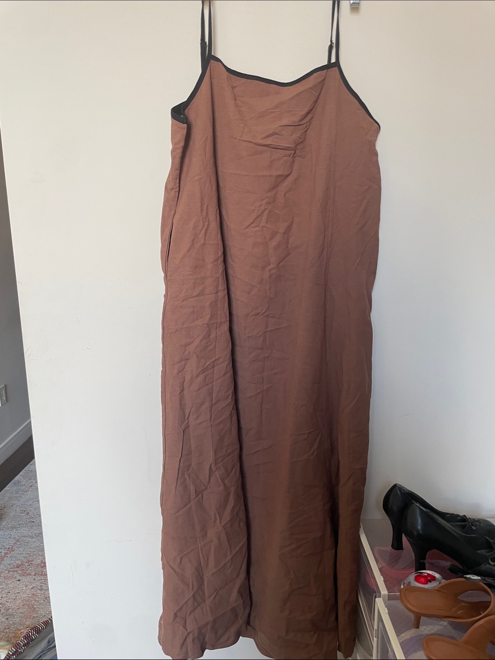 Velvet Brown Maxi Slip Dress with Black Trim